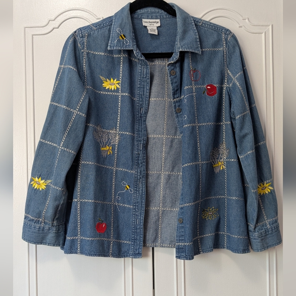 VTG Breckenridge Blue100% Cotton Buttons Up Shirt Embroidered Bee&Apple Sz Mp